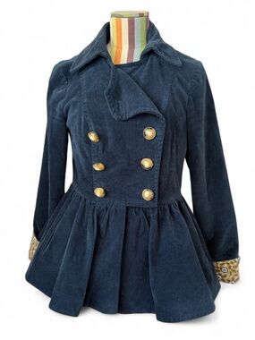 Anthropologie Idra Blue Velour Peplum Double Breasted Jacket Floral Cuffs